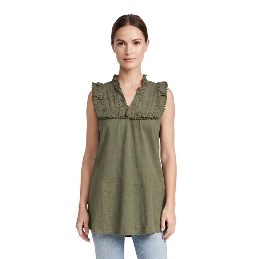 LOFT Green Ruffled Bib Collar Blouse Small 100% Cotton